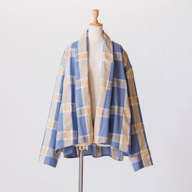 short haori ブラシチェックブルーゴールド