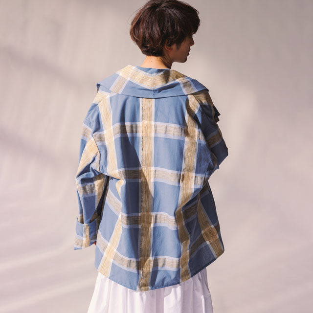 short haori ブラシチェックブルーゴールド